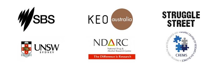Our partners and sponsors SBS, KEO Australia, Struggle Street, UNSW Sydney, National Drug and Alcohol Research Centre, Centre of Research Excellence in Mental Health and Substance Use